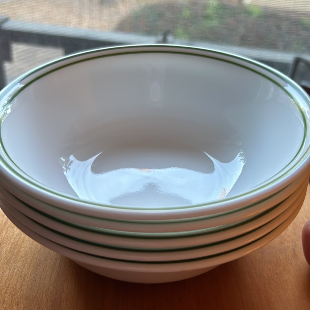5 Corelle 6 1/4” soup/cereal bowls green double band